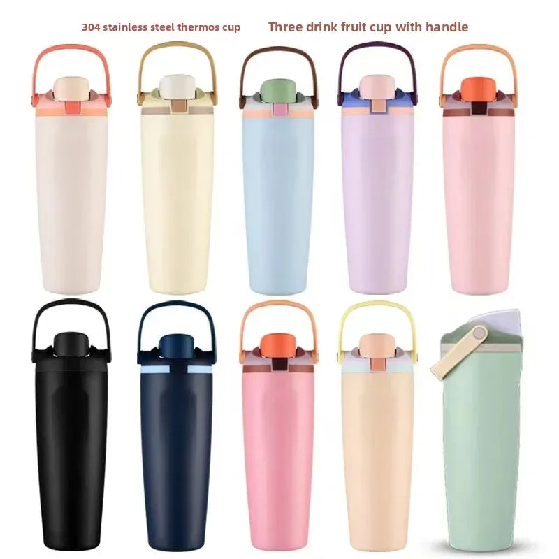 Botella de Agua Aislada con Bombilla, Termo de Doble Pared, Antiderrame, Bebidas Frías/Calientes, Ideal para Gimnasio, Oficina, Camping y Viajes