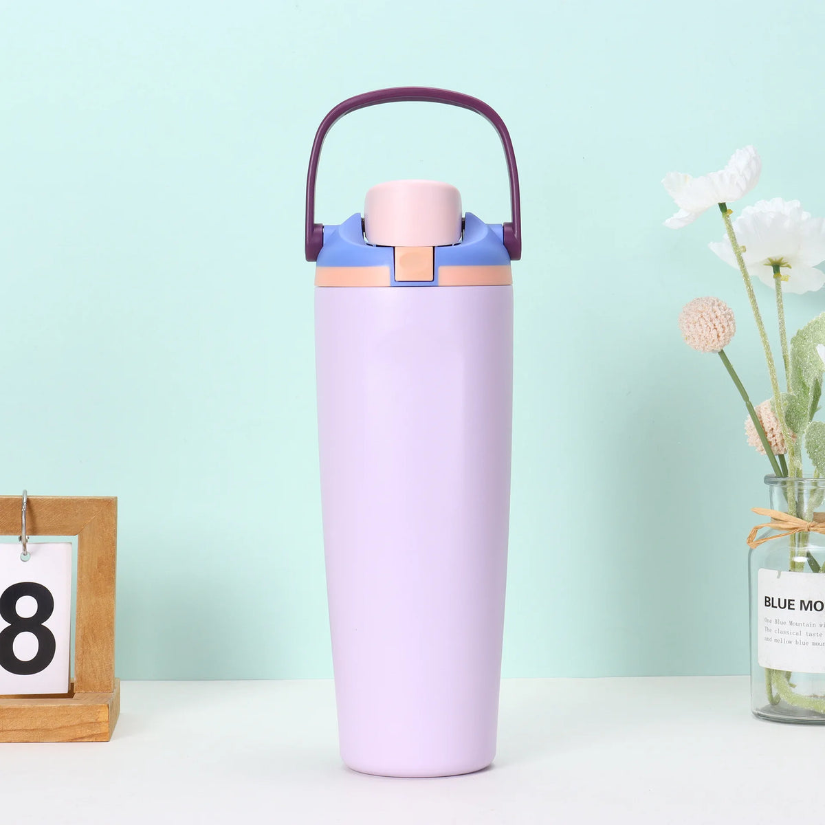 Botella de Agua Aislada con Bombilla, Termo de Doble Pared, Antiderrame, Bebidas Frías/Calientes, Ideal para Gimnasio, Oficina, Camping y Viajes